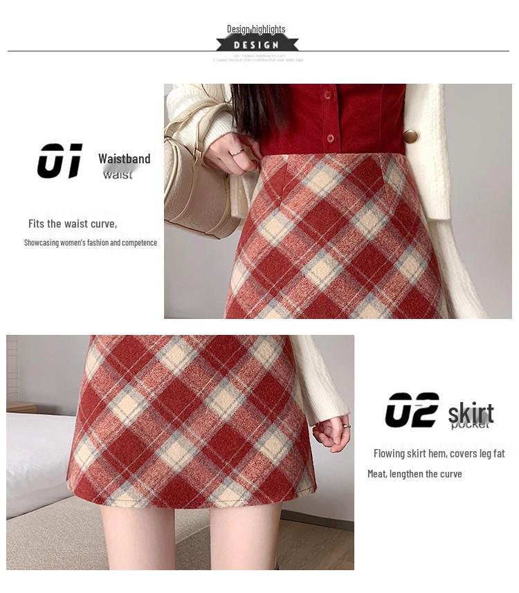 Women's High Waist Red Wool Plaid Skirt, 2025 A-line Slim Fit for Autumn/Winter