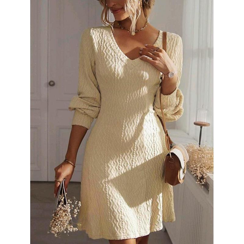 Elegant French V-neck A-line Textured Autumn Dress - Women's Long Sleeve Solid Color