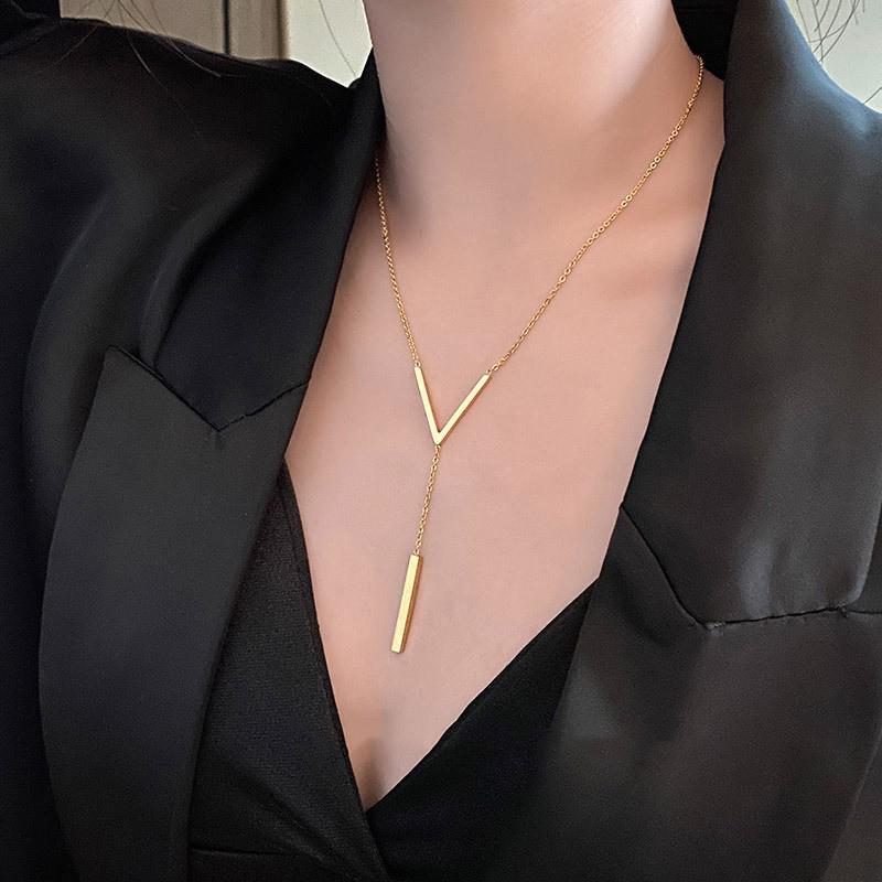 Elegant V-Shaped Long Necklace with Titanium Steel Pendant for Women