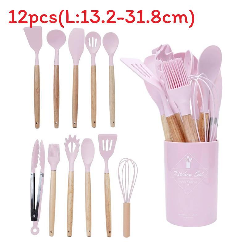 Silicone Kitchen Utensil Set With Wooden Handles For Nonstick Cookware And Heat Resistance