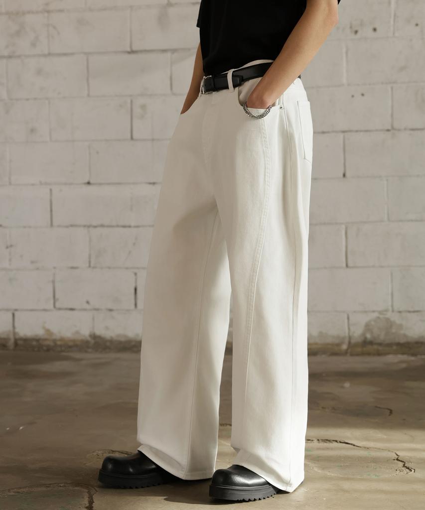 Jikeulib White Curved Cut-Line Wide Cotton Pants