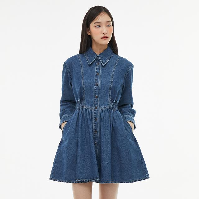 Rap Smoking Collar Flare Mini Denim Dress Aq1Do263