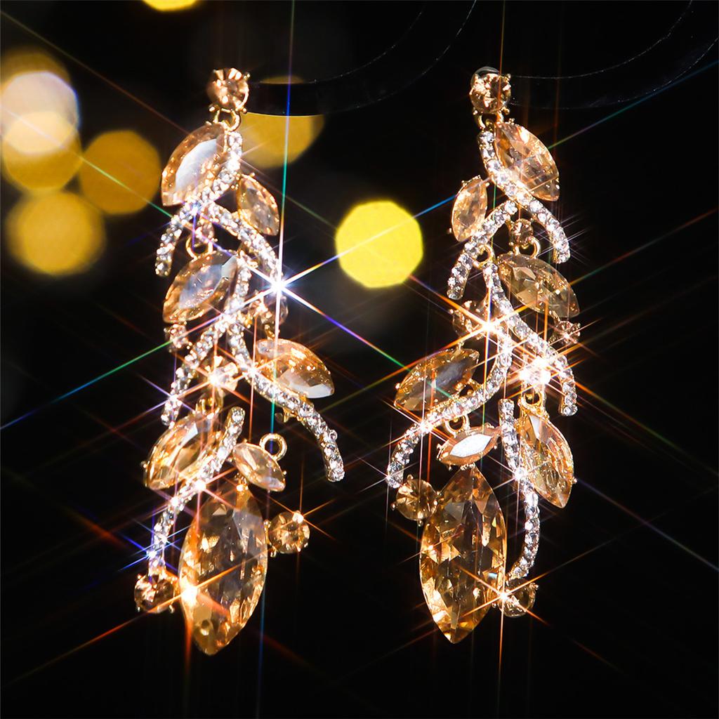 Color Shiny Glass Rhinestone Leaf Earrings Women's, Personalized Crystal Stud Earrings Earrings