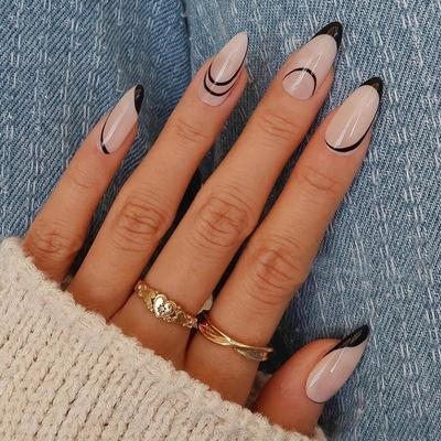 Linee Nere Smalto Mandorla Goccia d'Acqua Nail Art Unghia Artificiale Patch Unghie Indossabile Europeo e Americano Pezzo Unghie Rimovibile