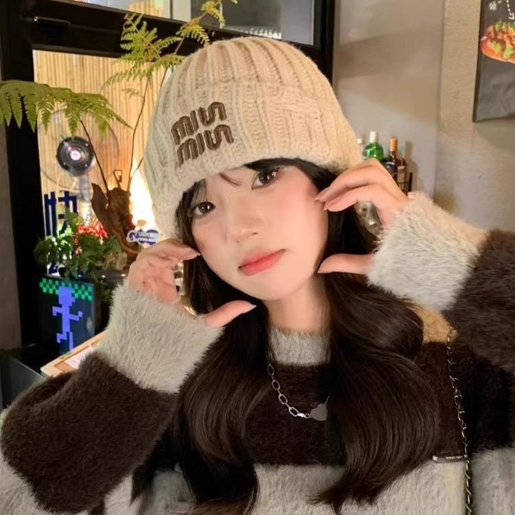 Korean Style Knitted Hat for Women Winter Warm Ear Protection Hooded Hat Thickened Windproof and Cold Protection Ear Protection Hat Letter Woolen Hat