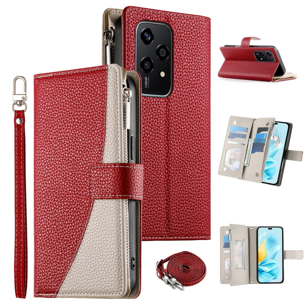For Honor 200 Lite Case Zipper Wallet Color Splicing Leather Flip Phone Cover with Straps