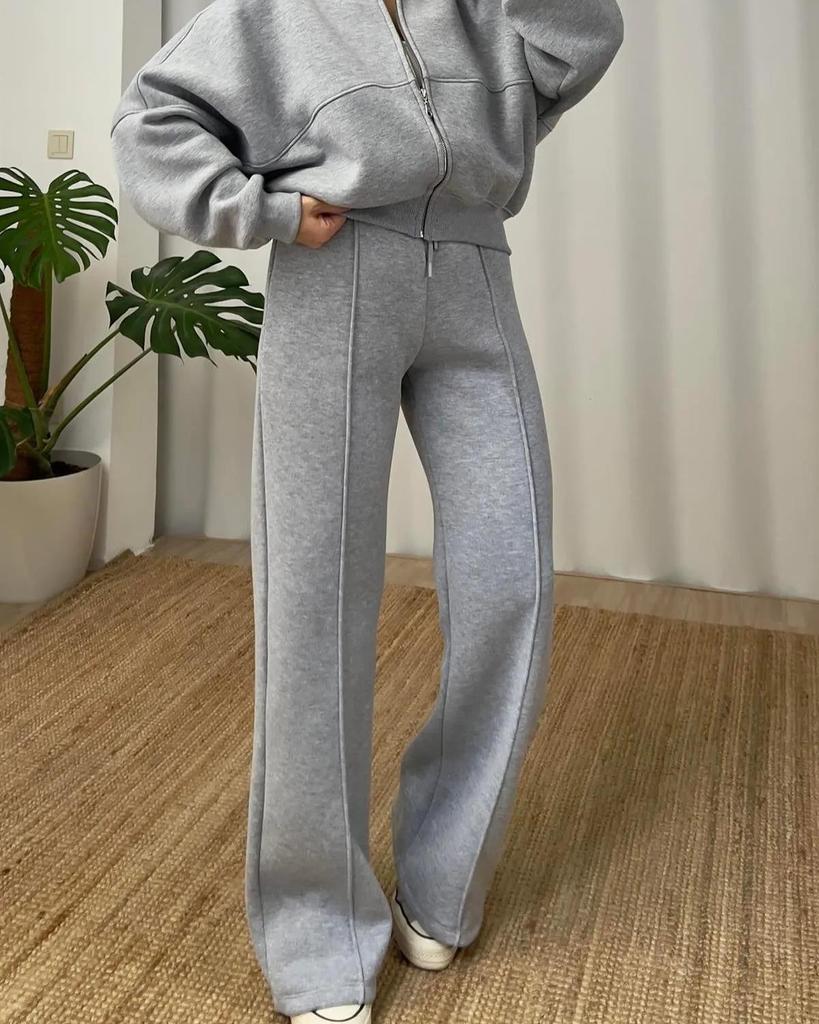 Women's Grey Cropped Zipper Hoodie and Loose Fit Sweatpants Casual Lounge Set