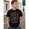 Men's Black Short Sleeve Crew Neck T-shirt with Vibrant Graffiti-style Smiley Face Graphic Print, Soft Cotton Feel, Casual Streetwear Fit for