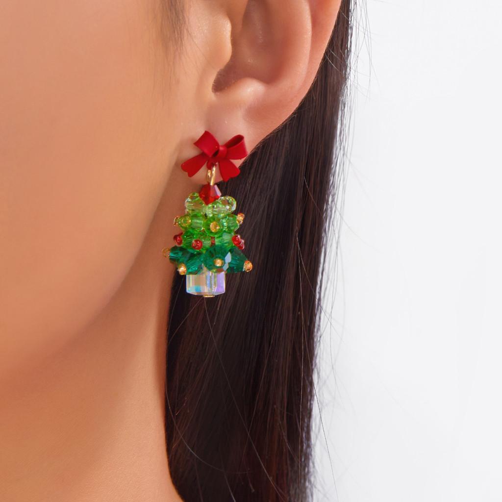 Christmas Tree Earrings Girls Alloy Red Bow Sparkling Jewelry With Holiday Style For Women