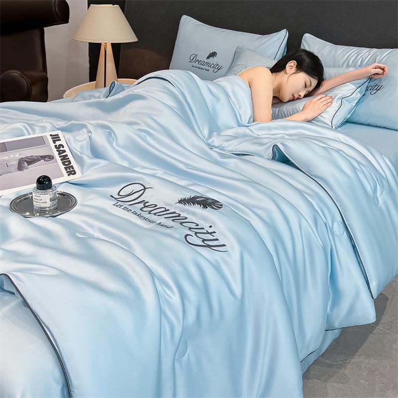 Class A Ice Silk Cooling Summer Quilt 4-Piece Set: Lightweight Embroidered Air Conditioning Quilt