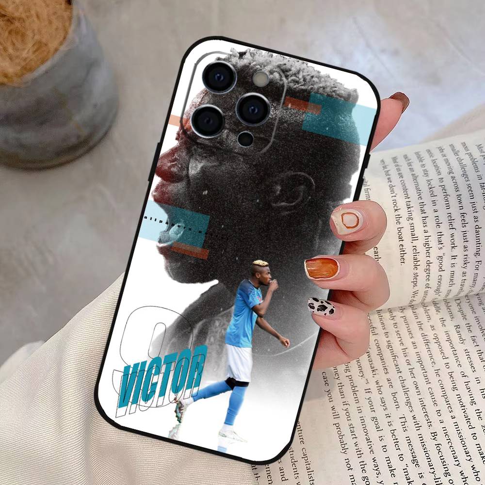 Capa de Celular V-Victor O-Osimhen de Futebol Para iPhone 17,16,15,14,13,12,11 Plus,Pro Max,XS,Capa Preta de Silicone Macio