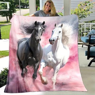 Cozy Black White Horse Pink Print Lightweight Flannel Throw Blanket for Sofa Bed Office Chair Couch Family Friends