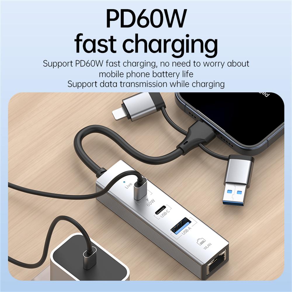 PD 60W 4 In 1 Hub Adapter iP/USB/Type-C Converter with Gigabit Ethernet/Digital Audio/Data Transfer for Laptops/PCs/Tablets/Phones