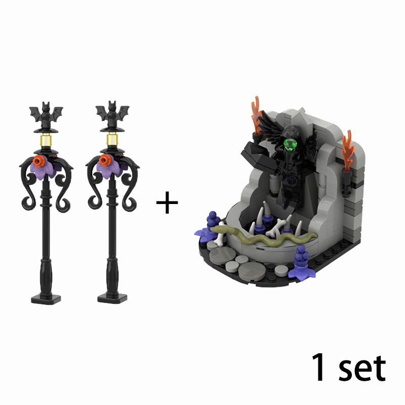 MOC Steine Mittelalter Alchemie Raum Küche Zauberer Trank Bausteine Teufelsquelle Schloss Straßenlaterne Hexen Figuren Szene Schädel