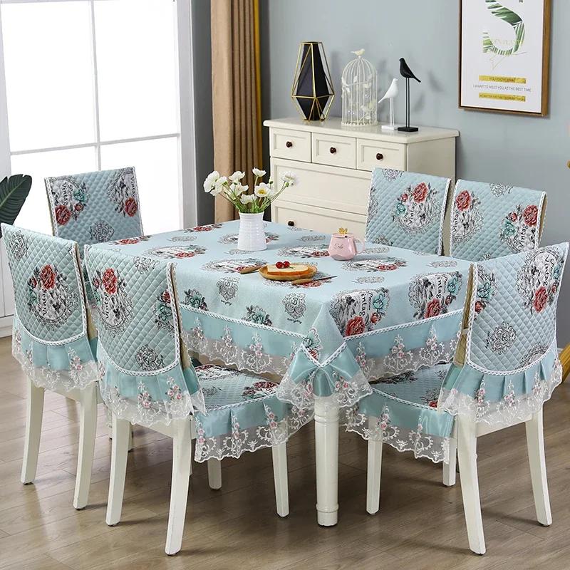 

Флоковая прямоугольная кружевная скатерть, набор подушек для стула, пылезащитная скатерть для банкета, чехол для обеденного стола, вышивка чехла на стул chair 1 cover 1 back