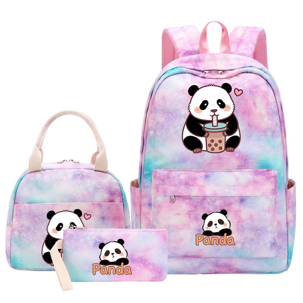 3-delige Tie Dye Panda Rugzak Set Kawaii Rugzak voor Naar School met Lunchtasje Etui, Reizen Dagrugzak voor Kinderen Meisjes