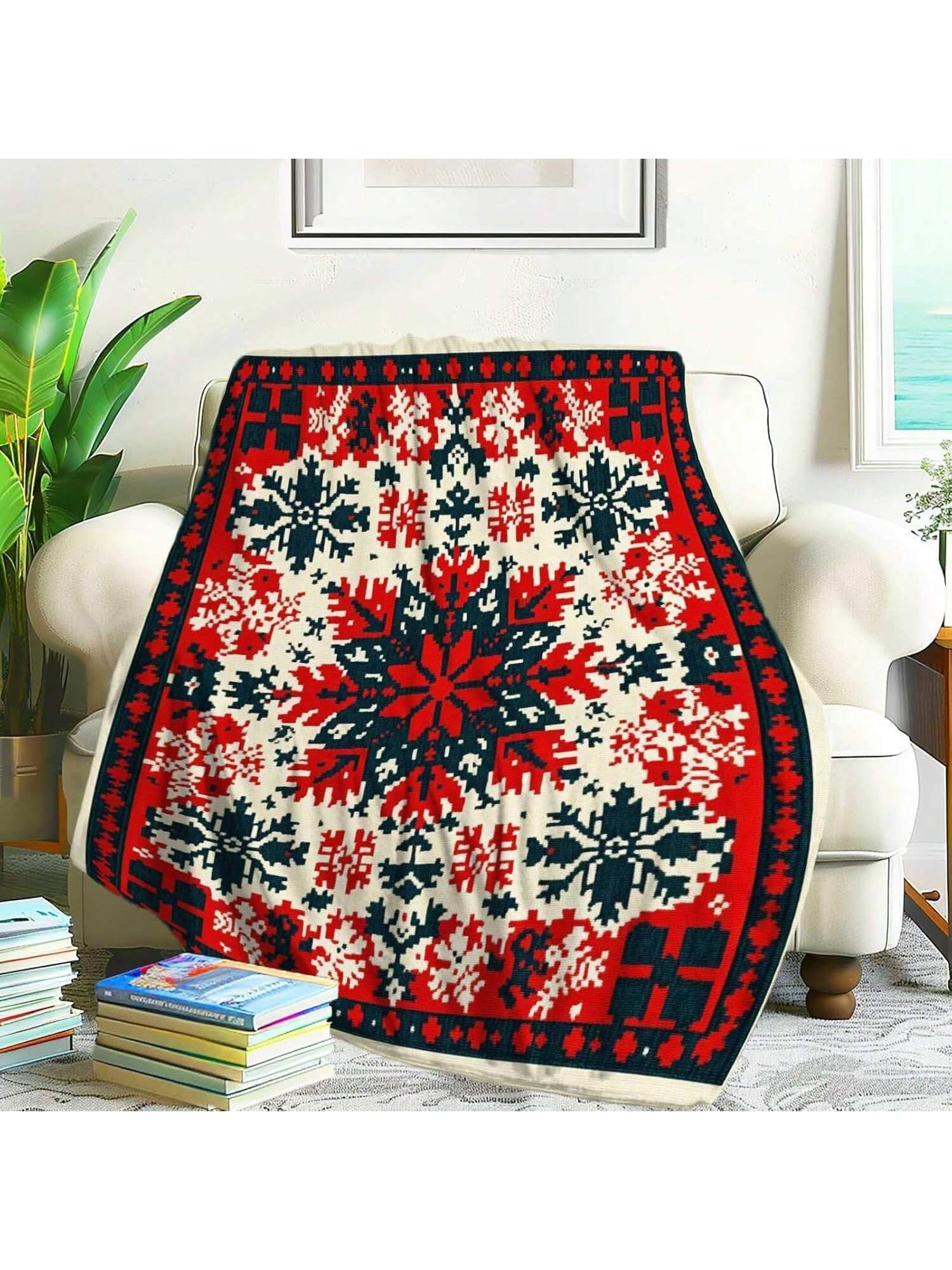 

Christmas Theme Blanket Throw, Ukrainian Embroidered Ornament Pattern Gift For Tent Picnic Beach Travel, Handhine Wash, Soft And Comfortable (60x50) 75X95CM серый