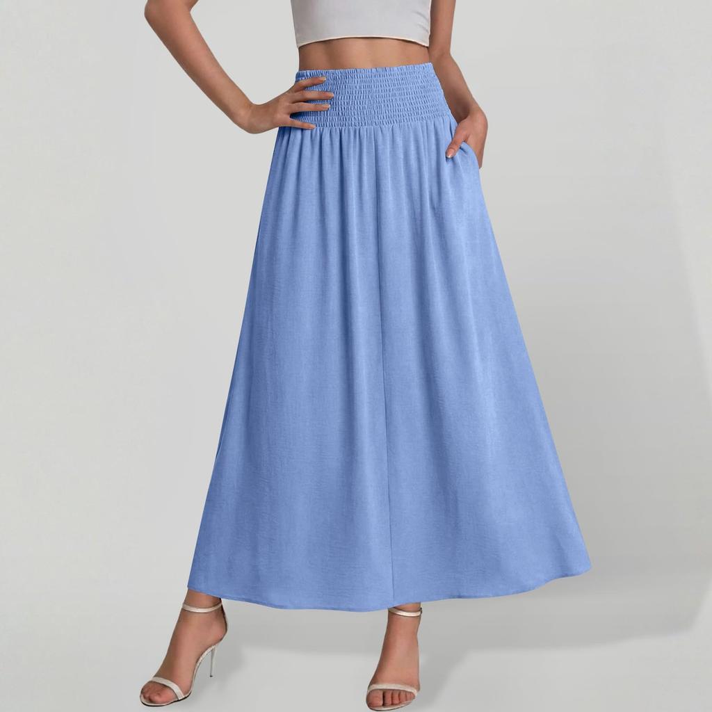 Women High Waist Loose A Line Maxi Skirt with Pockets Casual Solid Flared Elastic Waistband Long Skirt for Daily Wear