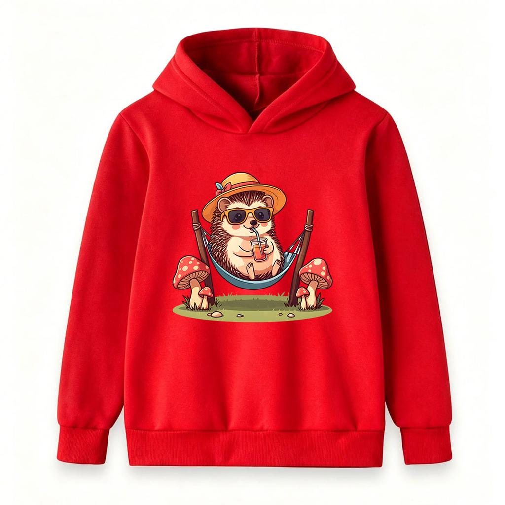 Kids Boys Girls Pullover Hoodie, Cute Hedgehog Chill on Hammock With Summer Drink Mushroom Printed Casual Soft Hooded Sweatshirt For Children Daily Ou