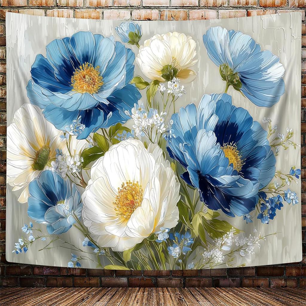 Blue White Floral Tapestry,Natural Aesthetics Elegant Tapestrie,Modern Flower Painting Wall Hanging,Watercolor Aesthetic Art