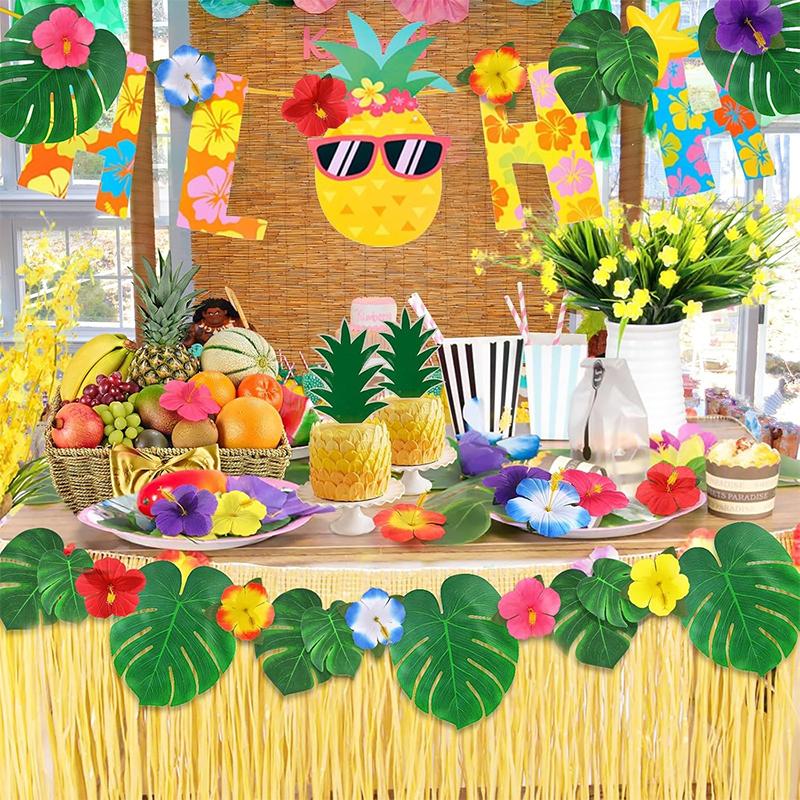 10/20Pc Hawaiian Luau Party Aloha Banner Hibiscus Flower Palm Leaves Sea Wave Tablecloth for Tropical Party Beach Birthday Decor