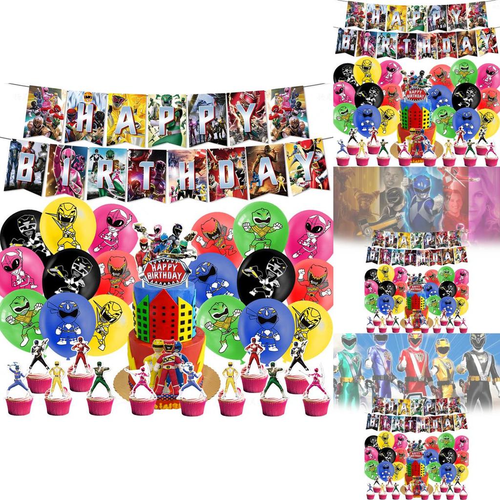 Decorações de Festa de Aniversário dos Mighty Morphin Power Rangers Com Balões de Tema Dinossauro E Bandeirinhas de Bolo Para Meninos