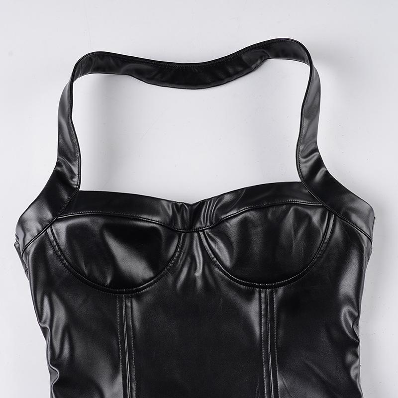 Sexy Street Style Leder-Neckholder-Top - Einfarbig, Tief ausgeschnitten Trendige Kleidung