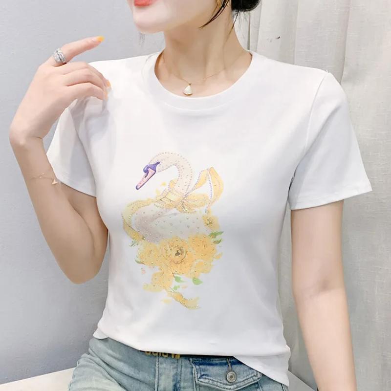 Classic Women's Shiny Cartoon Swan Hot Diamonds O-Neck T-Shirt Summer Office Lady Cotton Tops Clothes New Fashion Flower Fairy Tees