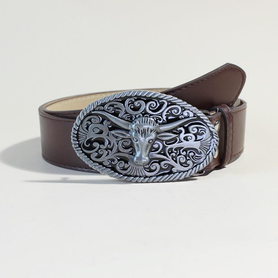 

Tang Grass Pattern Cow Head Oval Buckle Hip-Hop Big Head Belt Female Western Denim Buckle Decorative Belt Female 110Cm long
