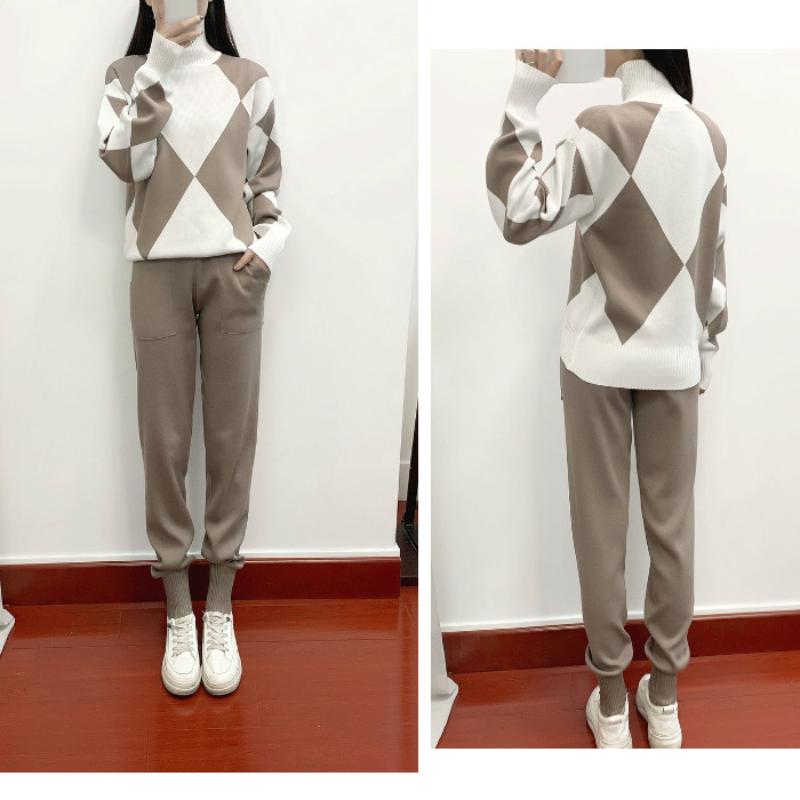 Fashion Set Women's Spring and Autumn Casual Knitted Checked Sweater Two-piece Set