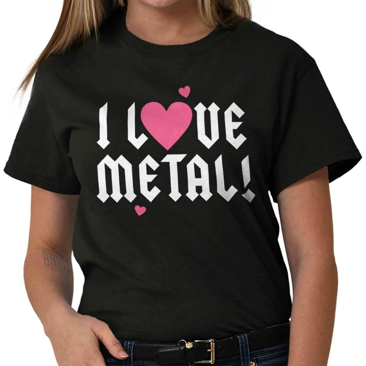 Cute I Love Metal Music Rock And Roll Guitar Womens Graphic Crewneck T Shirt Tee S