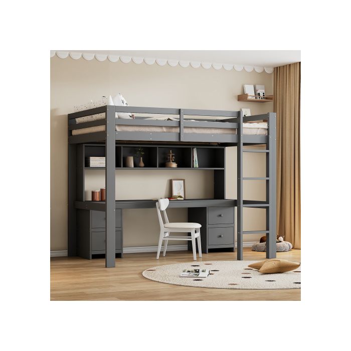 Hochbett - MUVOE - 90x200 cm - Grau - Integrierter Tisch - 4 Aufbewahrungsschubladen