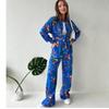 2024 Bright Print Plus Size Tie-Up Shirt & Straight-Leg Pants Set
