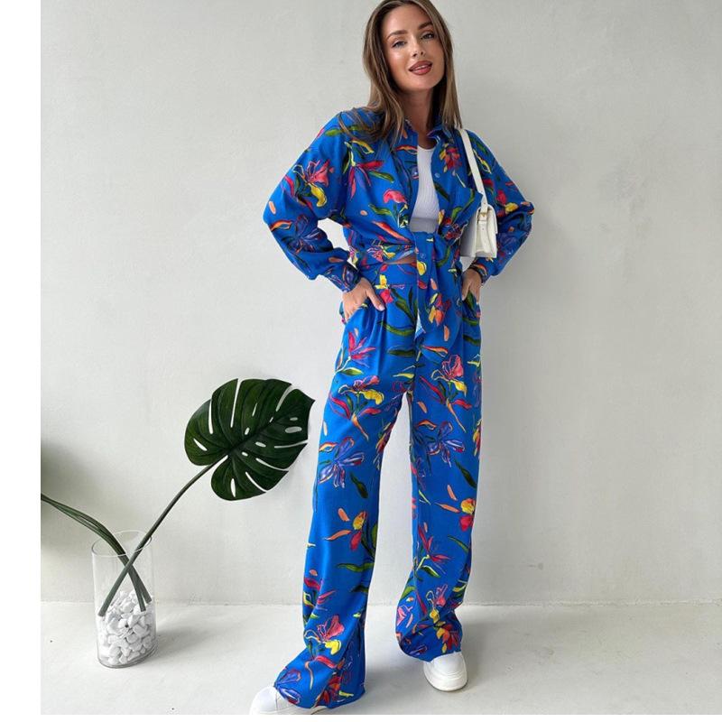 2024 Bright Print Plus Size Tie-Up Shirt & Straight-Leg Pants Set