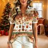 Women's Casual Blouse with V-Neck, Short Sleeve, Christmas Print, Ruffle Trim and Button Front