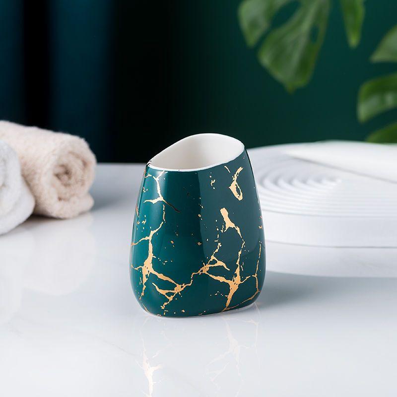 Gold Plated Marbled Ceramic Lotion Bottle Bathroom Supplies Mouthwash Cup Toothbrush Cup Soap Dish Set Hotel Wash Lotion Bottle