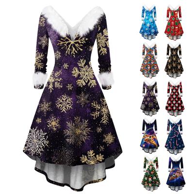 Damen Modisches V-Ausschnitt Lässiges Und Figurbetontes Weihnachtlich Bedrucktes Langarmkleid