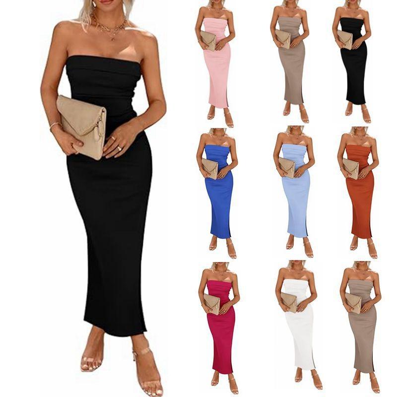 Women's Spring Summer Long Dress Sexy Party Side Slit Strapless Tight Pit Stripe Cocktail & Evening Dresses