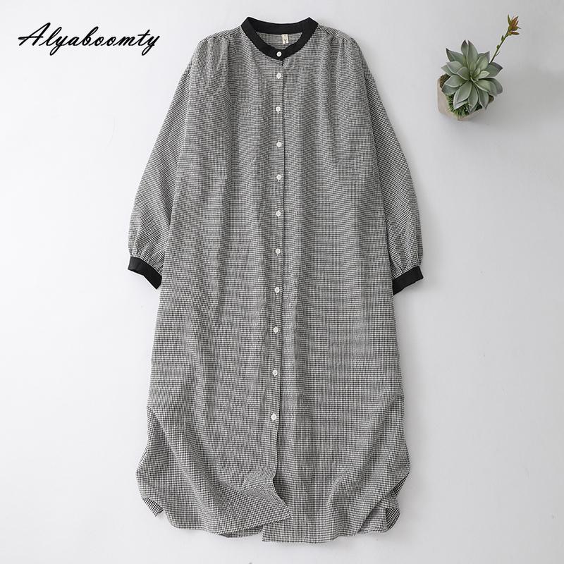 

Японское платье-рубашка Мори Гёрл Весна Осень Женское Платье с круглым вырезом Клетчатое Свободное Хлопковое Платье Винтажное С Длинным Рукавом Повседневное Свободное Платье-Кардиган XXL