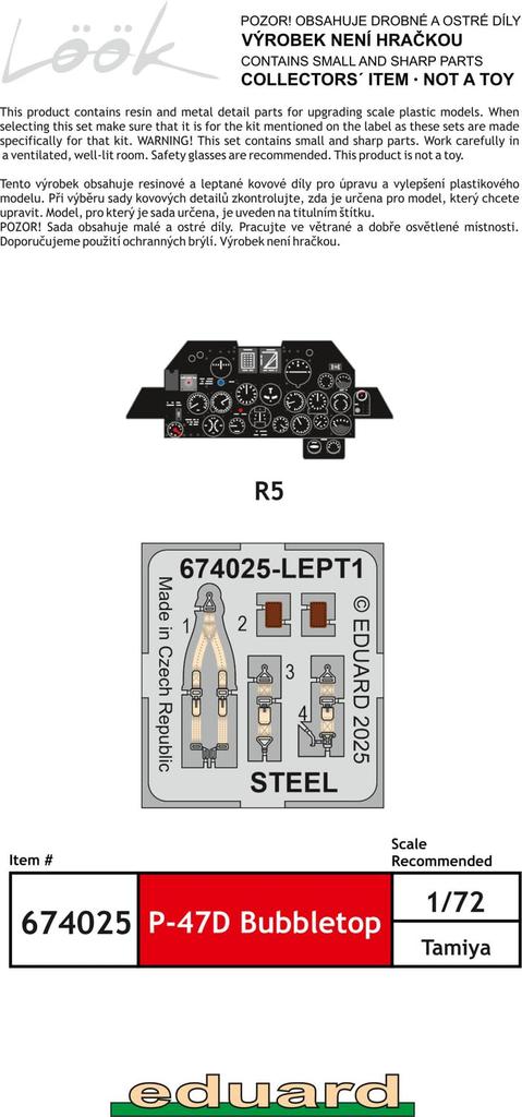 Eduard 1/72 Scale Look P-47D Bubble Top Instrument Panel (for Tamiya) Plastic Model Kit Parts EDU674025 (Airplane)