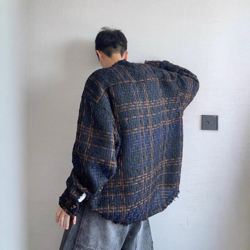 Vintage Tweed Woven Jacket Men - Casual Winter Outerwear Loose Fit Plaid