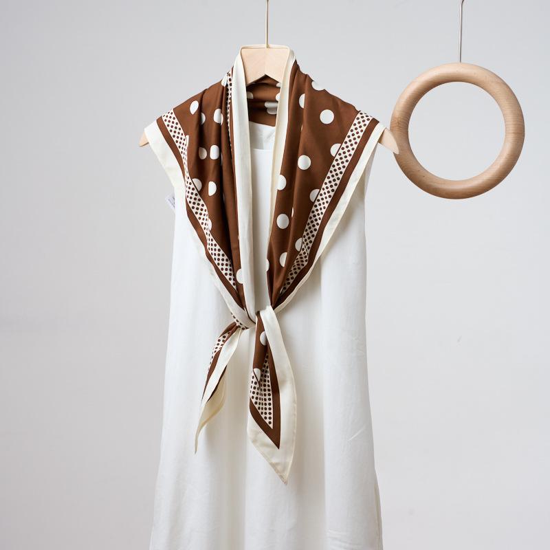 1 New Simple Coffee-Colored Polka Dot Printed Triangle Scarf Fashionable Versatile Belt Diagonal Scarf Women'S High-End Silk