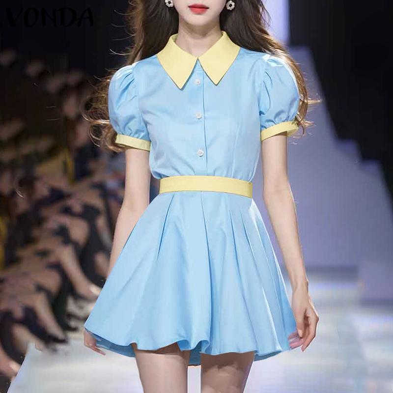 VONDA Summer Women Lapel Neck Short Sleeve Stitching Casual Pleated Dress