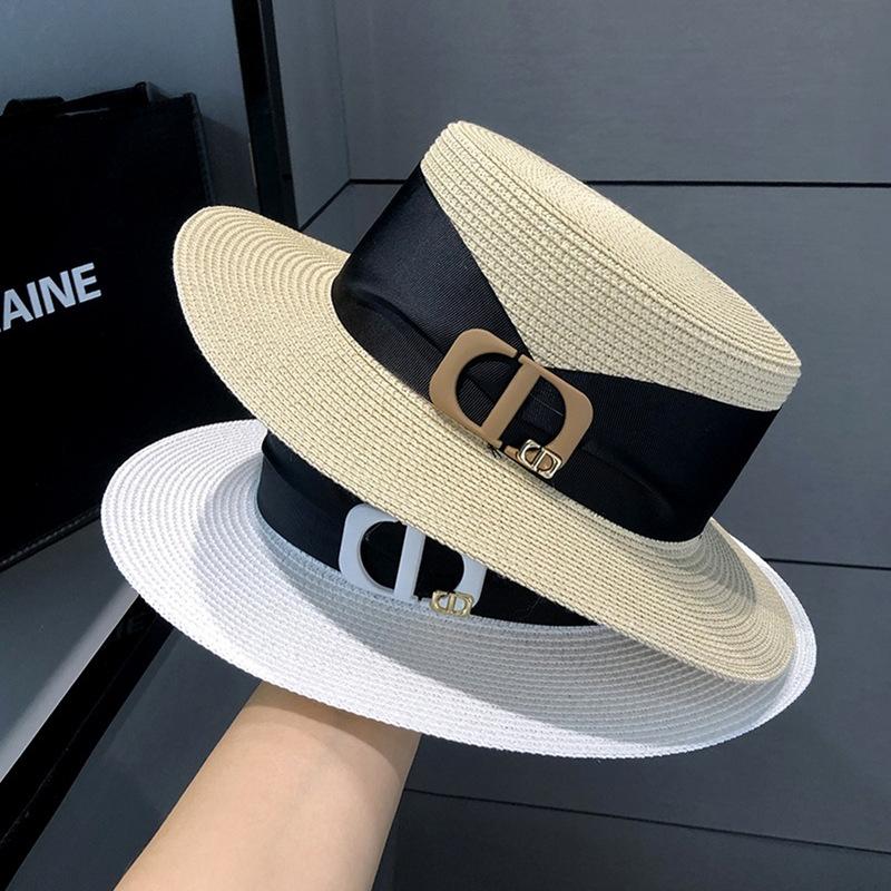 Summer Women's Flat Top Straw Hat Travel Seaside Vacation Shade Sun Protection Hat Casual Straw Sun Hat