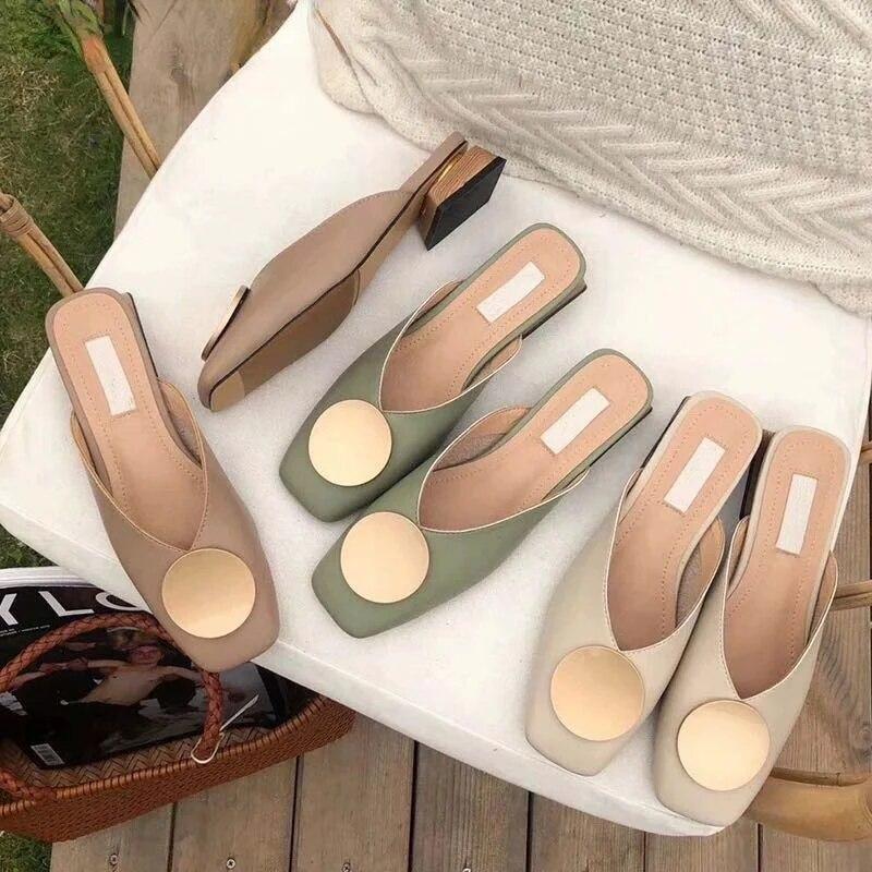 

Fashion Mules Half Slippers Women Newest Summer Flat Shoes Comfortable Luxury Female Slipper Low-Heeled Square Head Flip-Flops
