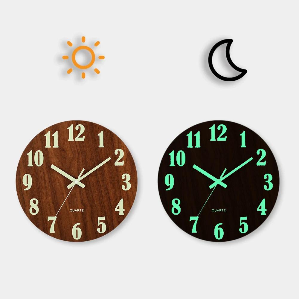 

12 Inch Luminous Wooden Wall Clock, Silent Non Ticking Quartz Clock with Night Light, Nordic Home Bedroom Living Room Decor 12 inch