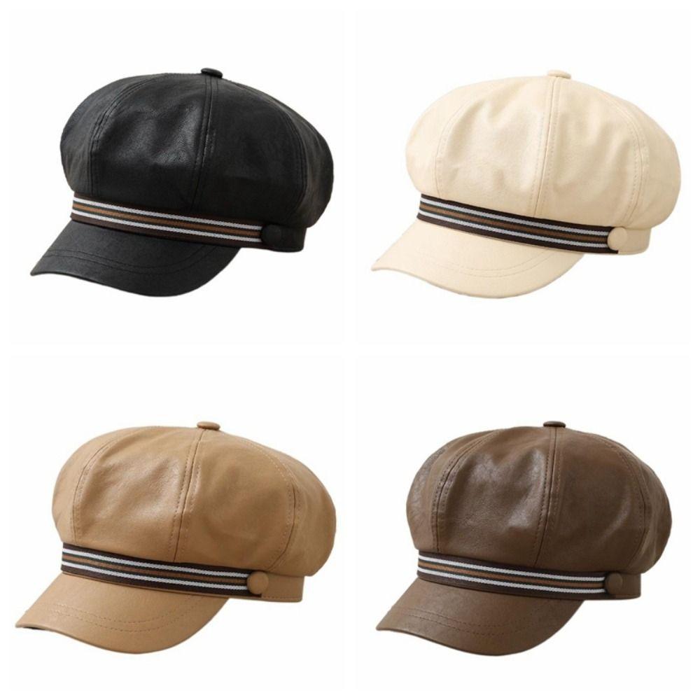 Windproof Octagonal Hat Warm Painter Hat Personality Pu Leather Beret  Autumn