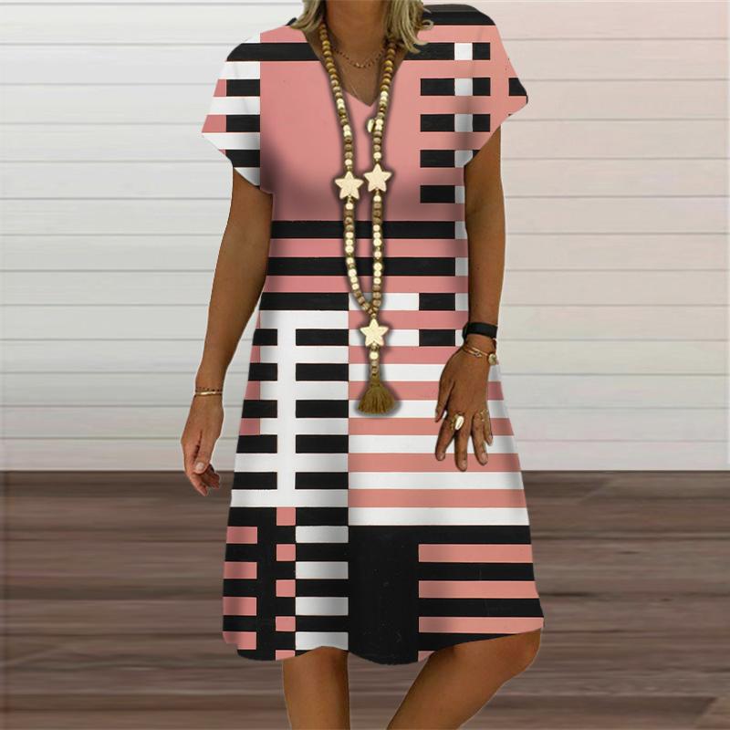 

Geometric Stripe Plaid Dresses For Women 2024 New Fashion Plus Size Dress Summer Casual Short Sleeve V-Neck Pullover Loose Dress 6XL
