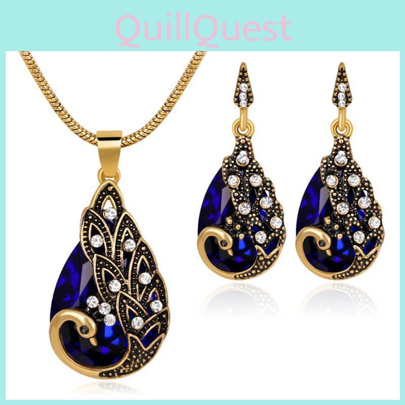 Exquisite Waterdrop Blue Zircon Peacock Pendant Necklace And Earring Set For Christmas Gifts