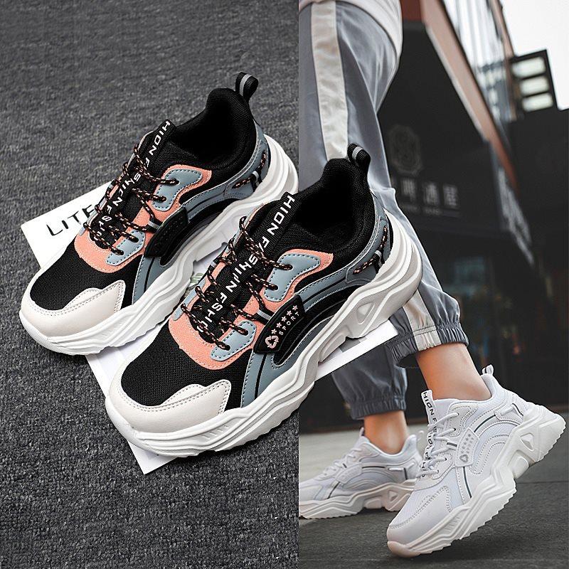 Shoes with Thick Soles Leather Color-blocked Shoes Sneakers Women